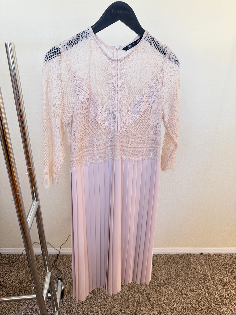 Zara Light Pink Lace & Pleated Midi Dress